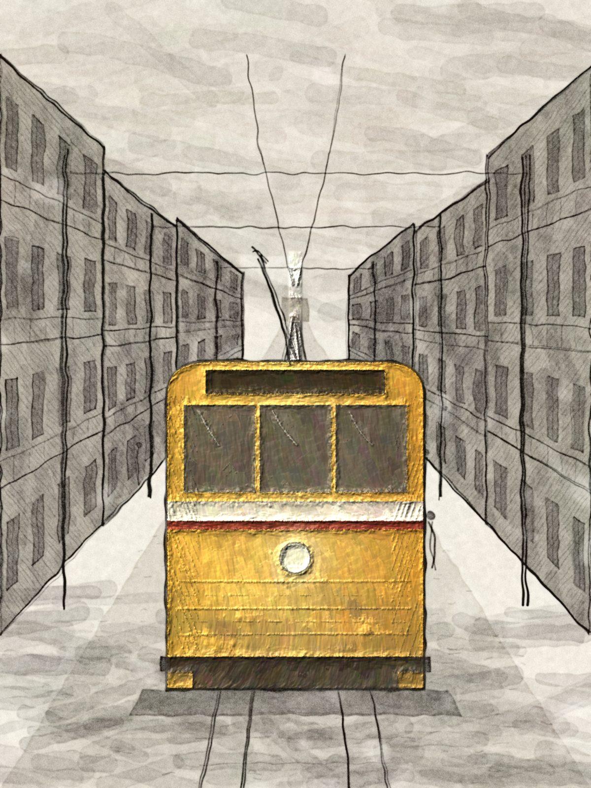 Charcoal and Wash Kolkata Tram Wall Art, 12-block office wall art by ConvArt