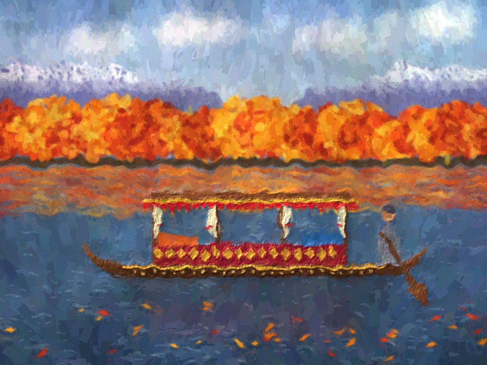 Dal Lake Shikara Autumn Chinar Oil Wall Art, 12-block home wall art by ConvArt
