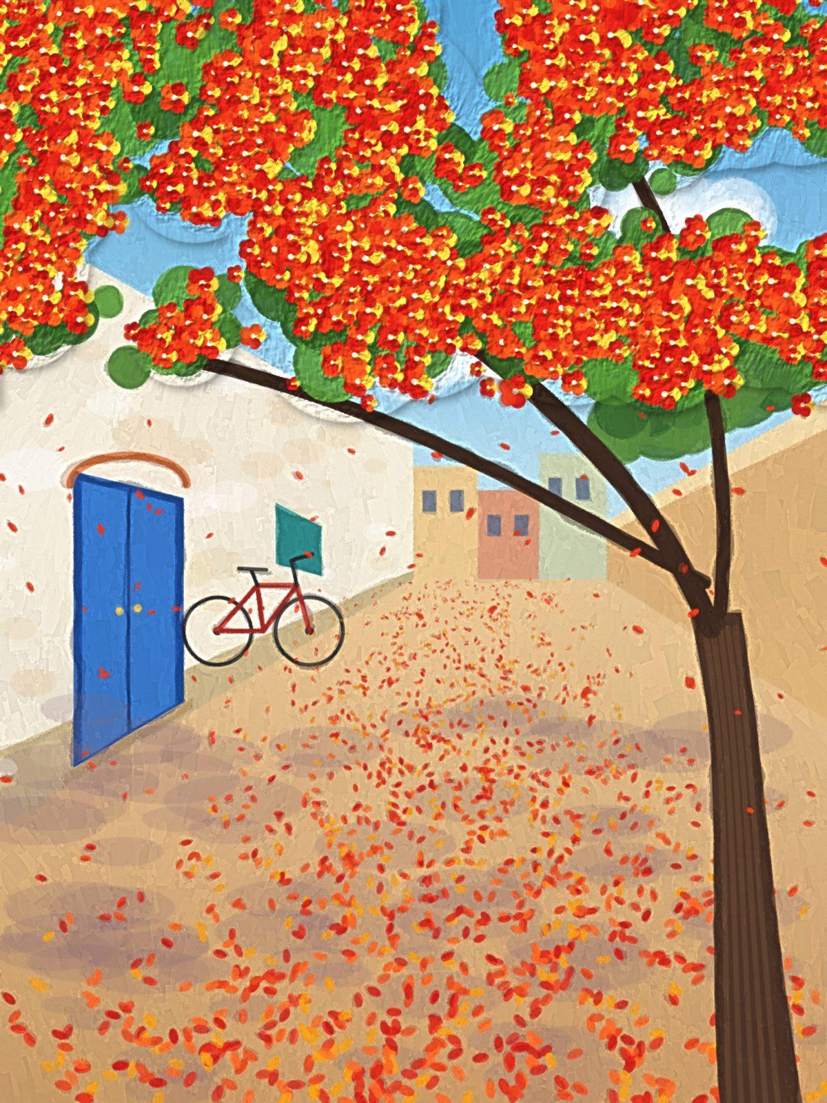 Gulmohar Summer Lane Acrylic Wall Art, 12-block home wall art by ConvArt
