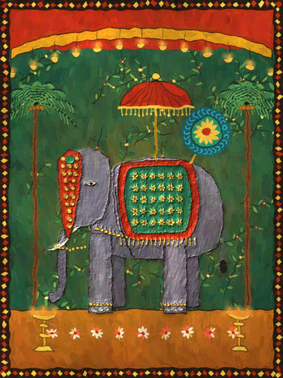 Kerala Mural Temple Elephant Wall Art, 12-block festive and gift wall art by ConvArt