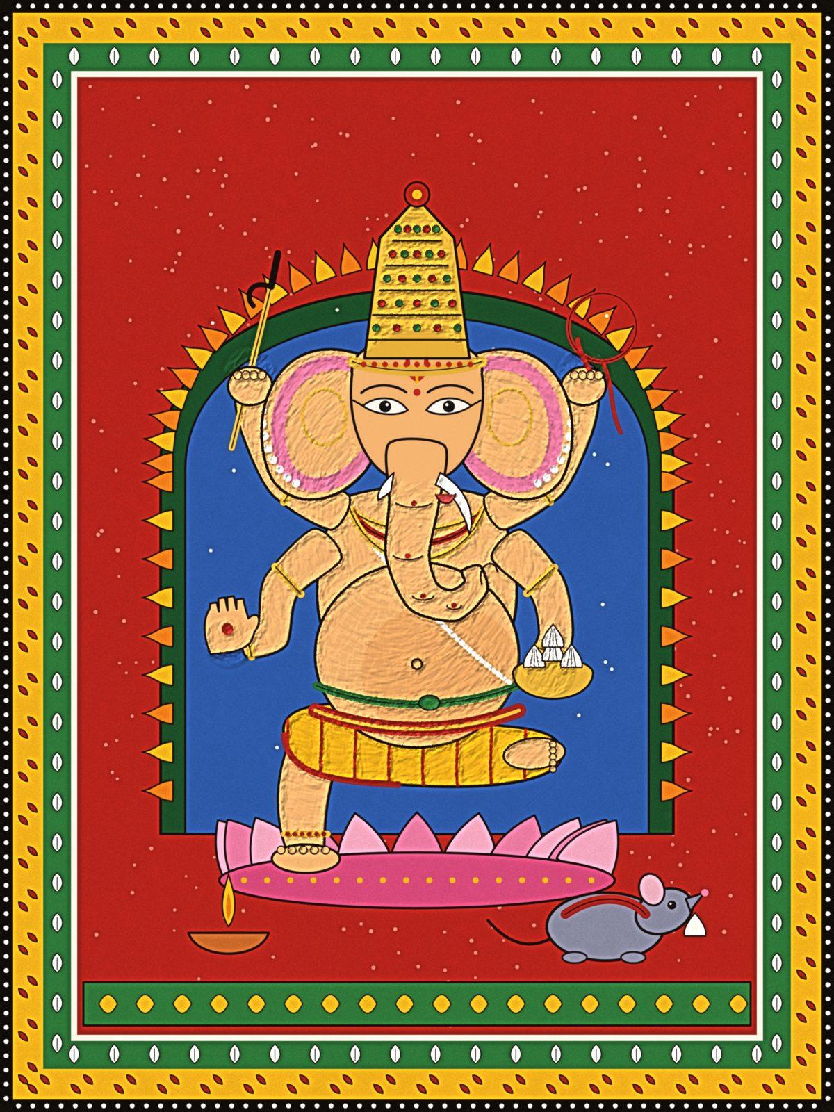 Lord Ganesha Ji Pattachitra Wall Art, 12-block spiritual wall art by ConvArt
