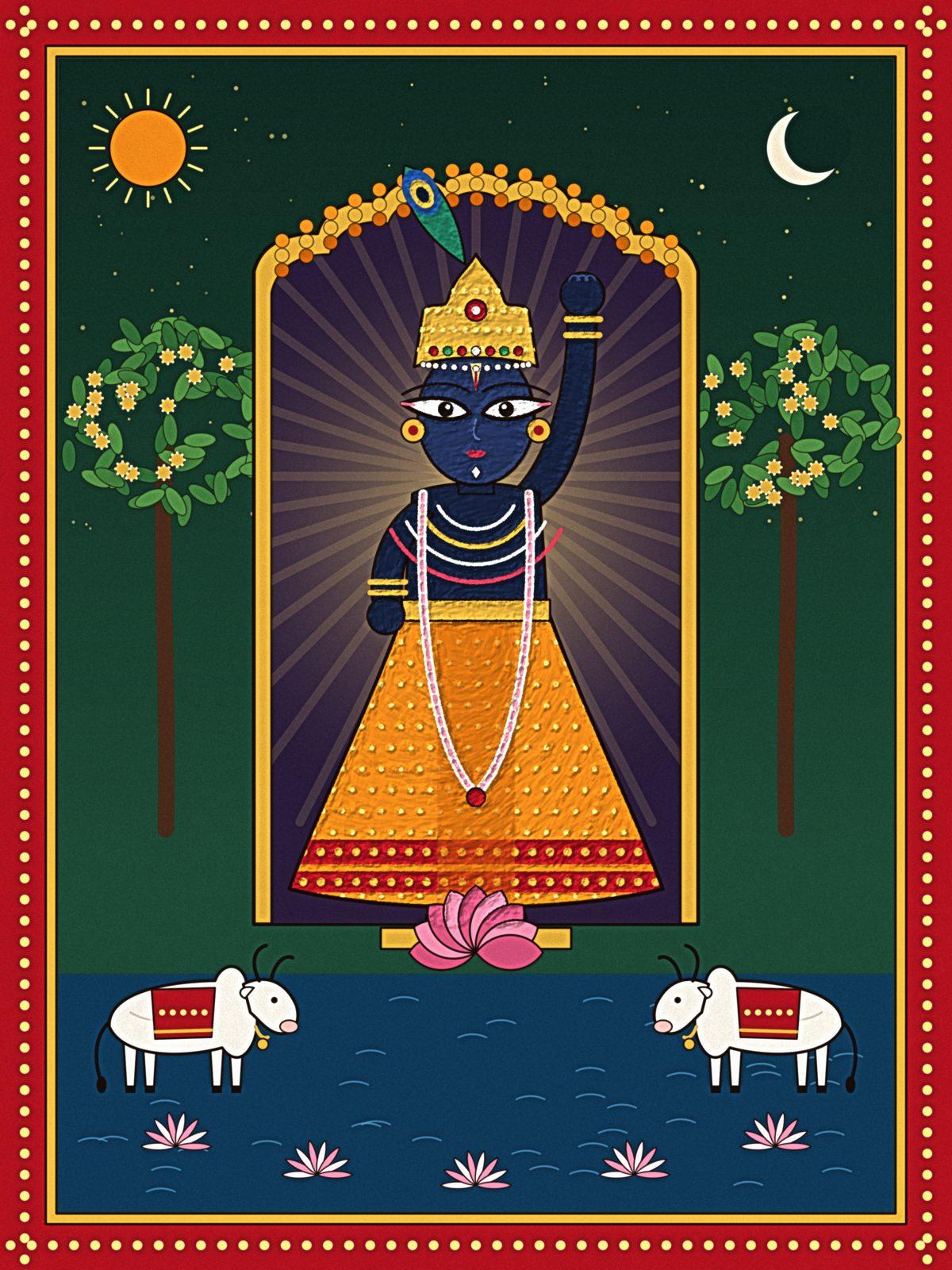 Shrinathji Pichwai Wall Art, 12-block spiritual wall art by ConvArt
