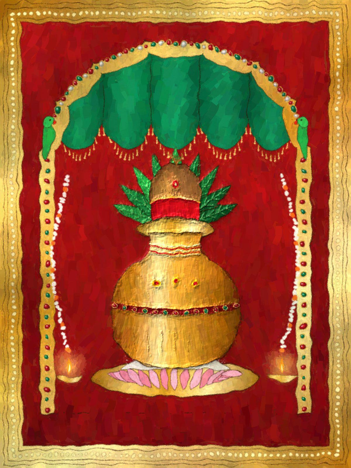 Tanjore-Style Purna Kalash Wall Art, 12-block spiritual wall art by ConvArt